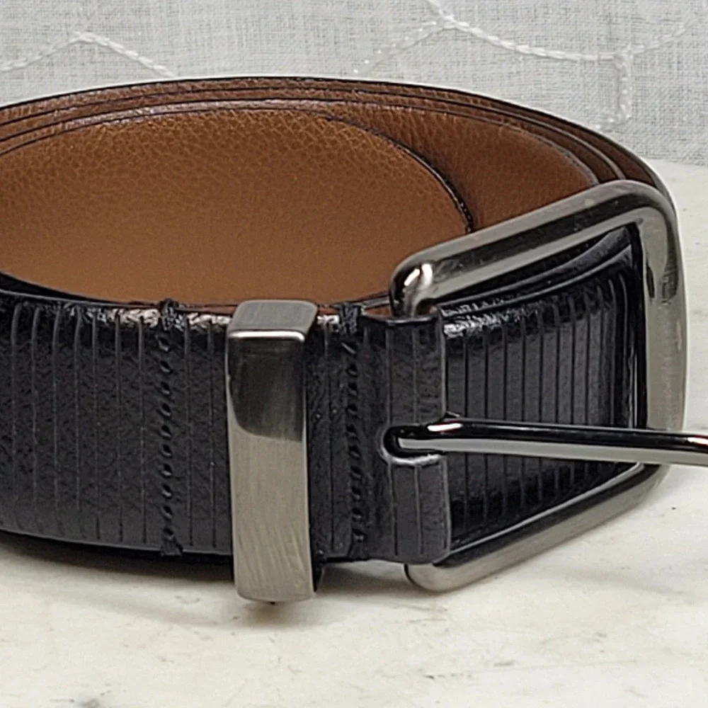 Johnston & Murphy Scored Leather Belt 44 Mens Black Ribbed Italy Dressy Preppy